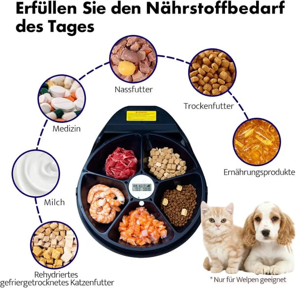 Foderautomat til kat & hund - F10 - 5 måltider med timer - 24 t friskholdning - 3 køletrin - Tør- & vådfoder - Størrelse L
