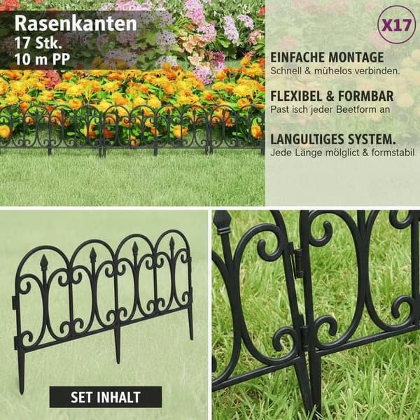 Græskant - 17 dele - 10 m - Metal - Nem montering - Sort