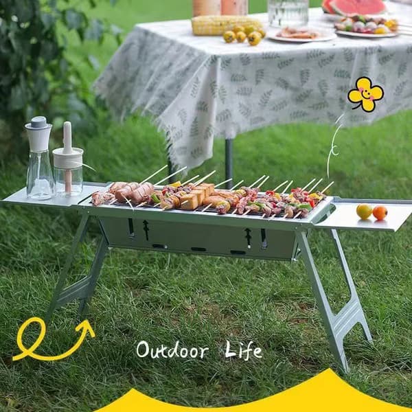 Bærbar kulgrill - Sammenklappelig grill - Rustfrit stålnet - Ekstra kraftig - Rektangulær - Camping og picnic - Grå