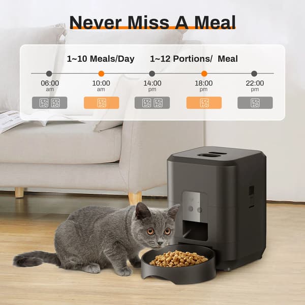 Automatisk foderautomat til kæledyr - 2L smart foderdispenser til kat og hund - WiFi APP-styring - Programmerbar timer - LCD-display - 5V USB-strøm - Sort