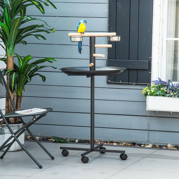 Fuglefoderhus - Foderstation til havefugle - 4 kroge 2 rustfri skåle - Ø60 cm højde 111 cm - Grå