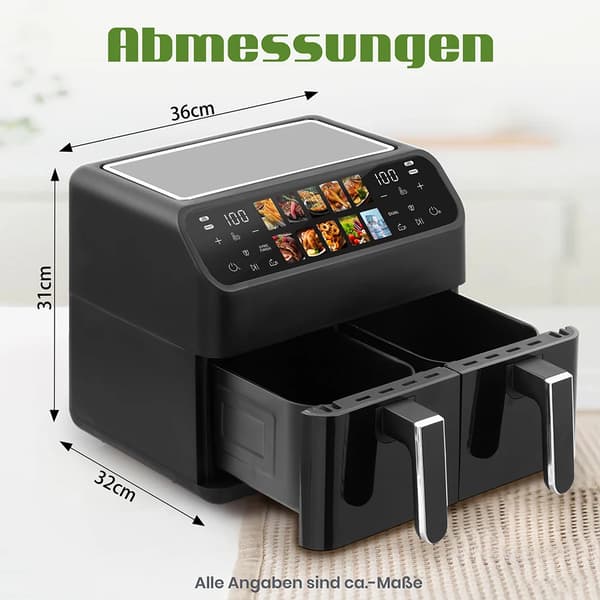 Varmluftsfritös - 9 l Dubbelkorg - 2000 W Ugn - 10 Program - LED-touchdisplay - Visningsfönster - Oljefri Matlagning