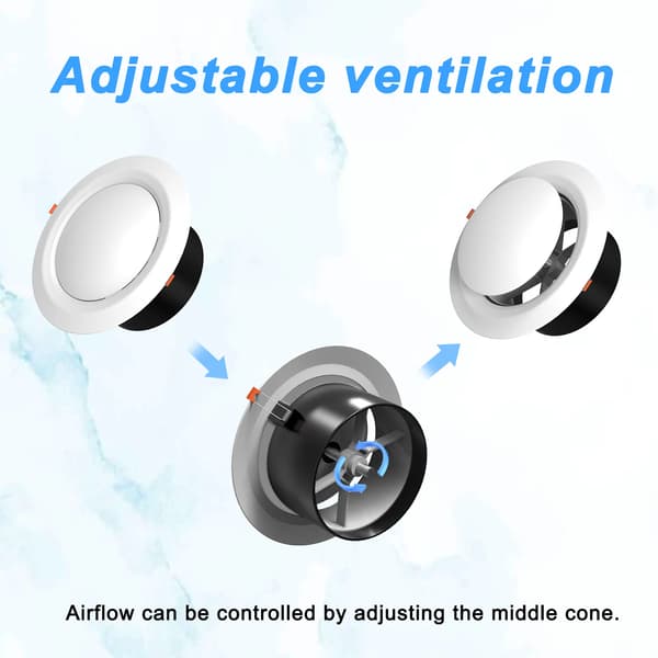 Ventilationsgaller - Tallriksventil - ABS - Justerbart - Förstärkt - Ø150 mm - Vit