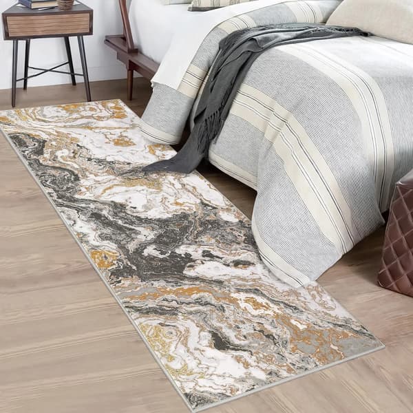 Vaskbart Gulvtæppe - Marmordesign - 80 x 150 cm - Maskinvaskbart - Skridsikkert - Blødt Polyester - Grå, Guld & Hvid