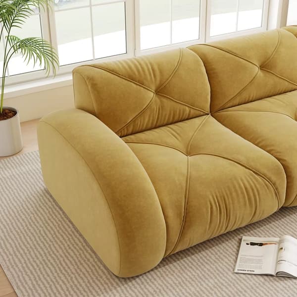 Modulær sofa til stuen - Sofasæt i chenille - 2 matchende puffer - Moderne design - Skal samles - Gul