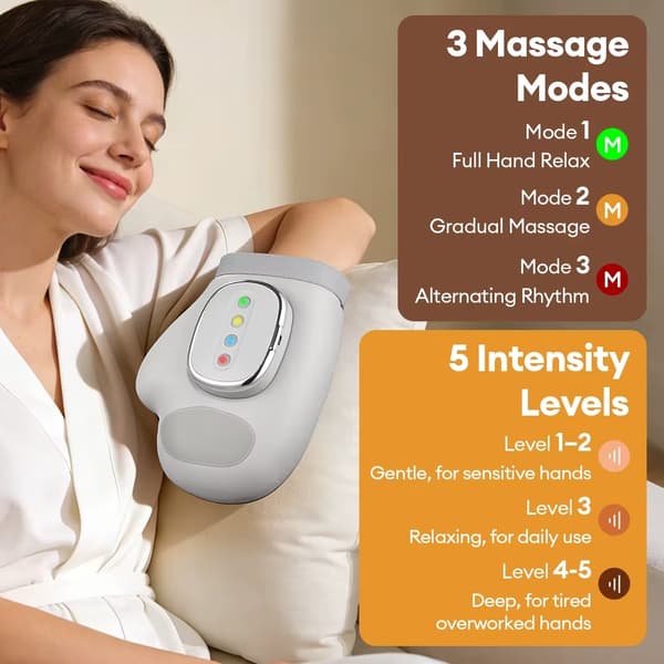 Massagehandske - Håndmassager - Luftkompression - Æltning - Vibration - USB-C - Hvid