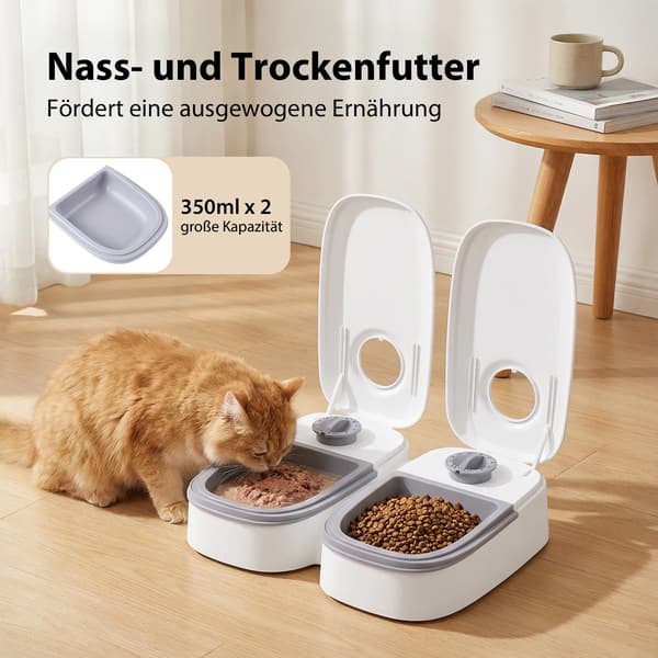 Automatisk kattefoderautomat 2 måltider - Foderdispenser til kat og lille hund - 48-timers timer - 2x350 ml 700 ml samlet - Batteridrevet - Til våd- og tørfoder