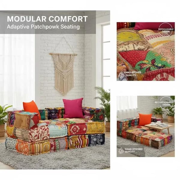 Modulär 2-sits sittpuff - Soffpall plast - Patchworkdesign - 140 x 70 x 58 cm - Röd