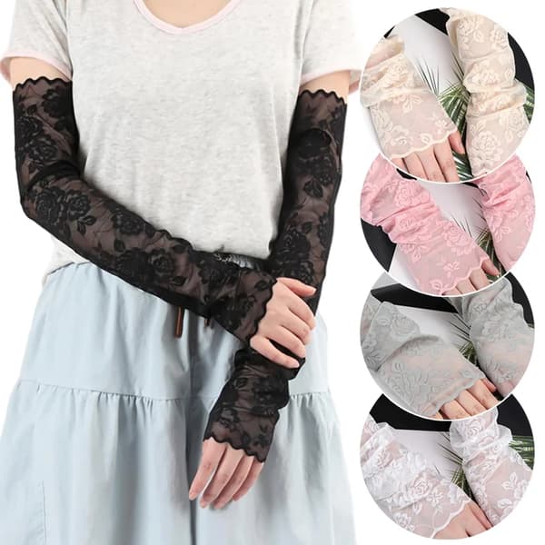 Damehandsker - Lange fingerløse ærmehandsker - Blonder - UV-beskyttelse - Åndbare - Polyester - Sorte