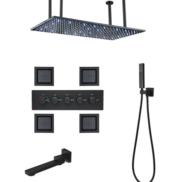 Brusesystem - Termostatblander regnbrusersæt - Indbygget Montering - Loftbruser 40×80 cm Med LED - Messingbrusehoved - Keramisk Ventil - Mat Sort