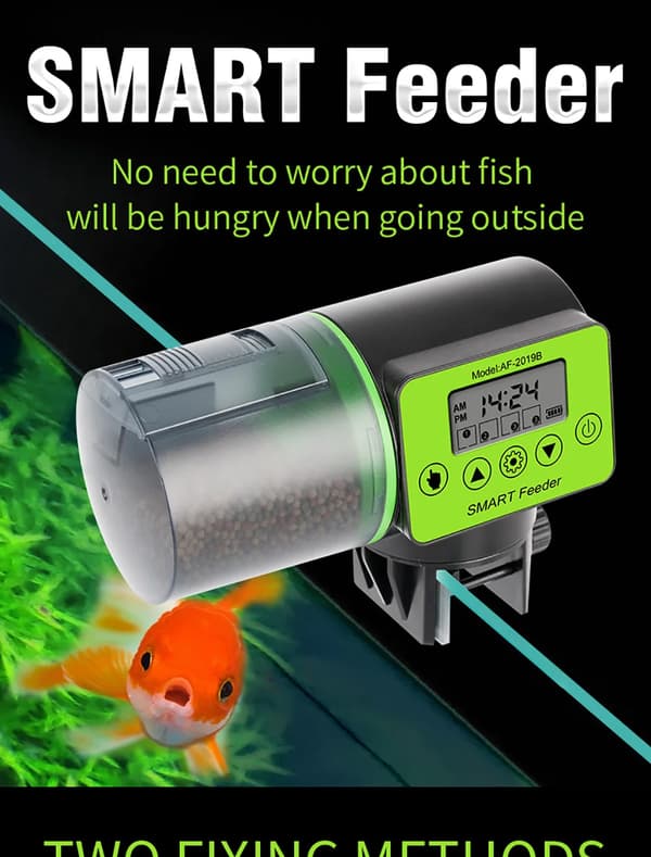 Automatisk fiskefoderautomat - Akvarium foderdispenser - Programmerbar timer - LCD display - 3 foderniveauer - 200 g kapacitet