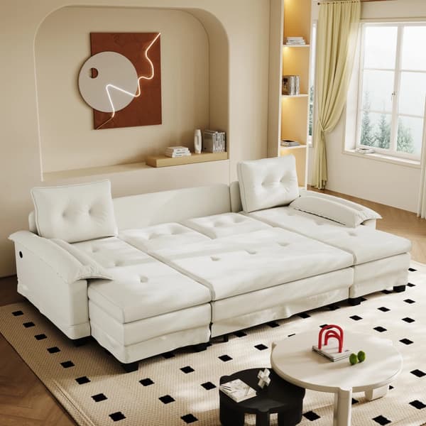 Modulsoffa - U-formad bäddsoffa - Konvertibel - Chenille - Träram - Modern design - Beige