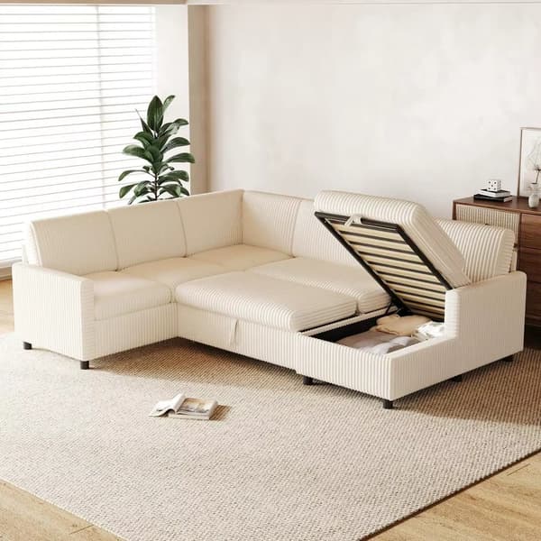 Hörnsoffa - Bäddsoffa - U-formad - 5 Sitsar - Manchestertyg - Utdragbar Sovfunktion - Dold Förvaring - Beige