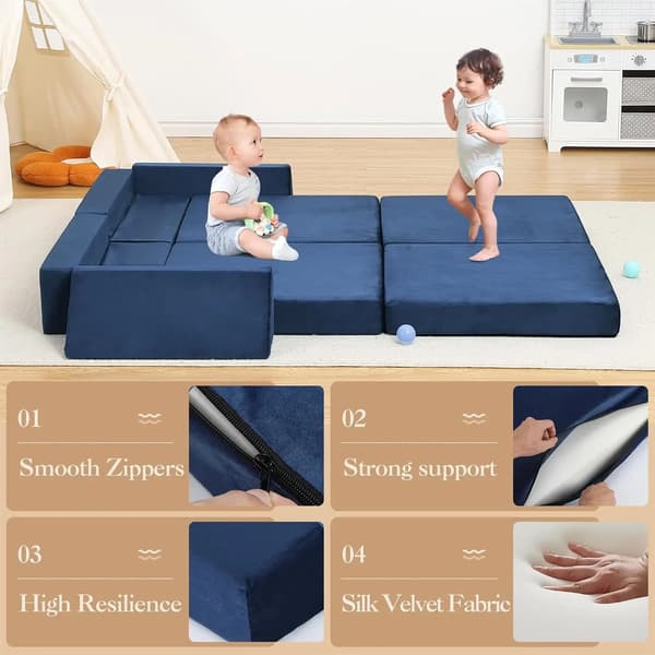 Modulär barnsoffa - 2-sits bäddsoffa - Leksoffa - Högdensitetsskum - Tvättbart överdrag - Blå