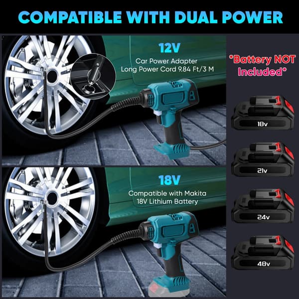 Trådlös luftpump - Bildäckskompressor - Digital display - Set med 2 batterier - Batterisystem 18V - Bärbar - Svart