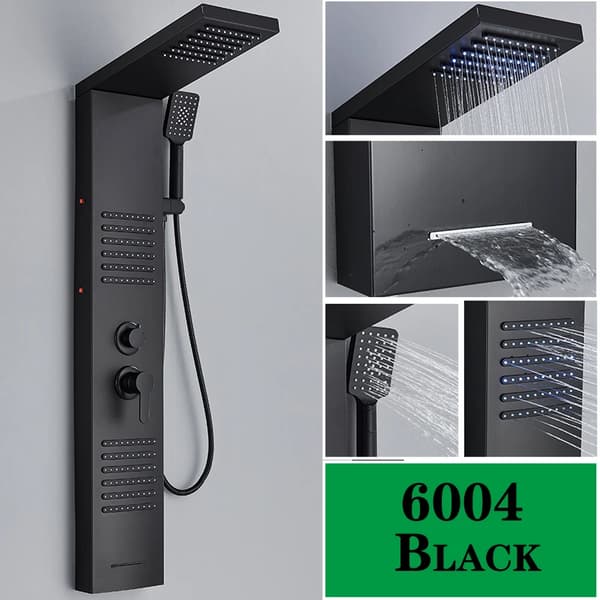 LED brusepanel 6004 - Brusesystem - Regnbruser - Vandfald - Massagejets - Håndbruser & Tud - Blå LED - Rustfrit stål - Mat sort