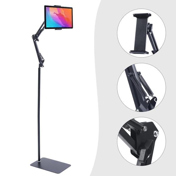 iPad/Tablet Gulvstativ - Højdejusterbart Stativ - 12–18 cm Klemområde - Til Tablet & Telefon - Sort