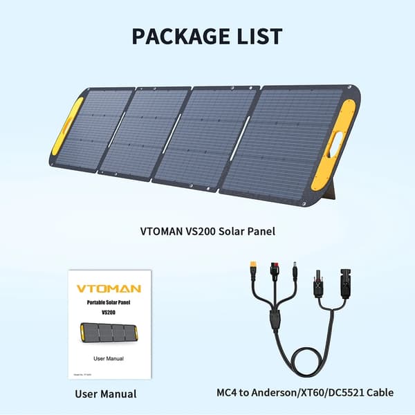 Solpanel - VS200 200W foldbar solcellepanel - 23% monokrystallin - IP67 vandtæt ETFE - Justerbart stativ - MC4 til bærbare power stations