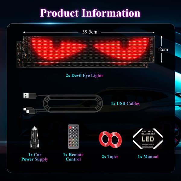 LED Devil Eye Bil Last Lys - Pixelpanel - Rullende Tekstdisplay 12V - Til Forrude - Gul