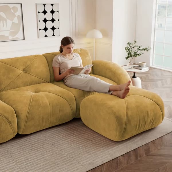 Modulær sofa til stuen - Sofasæt i chenille - 2 matchende puffer - Moderne design - Skal samles - Gul