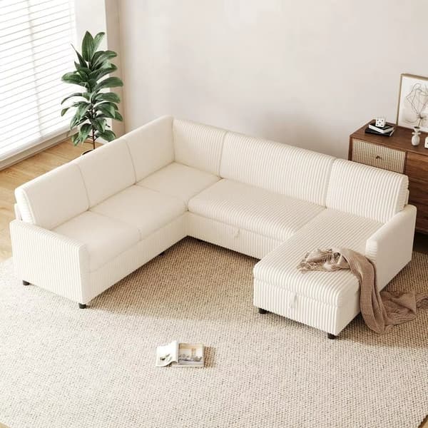 Hörnsoffa - Bäddsoffa - U-formad - 5 Sitsar - Manchestertyg - Utdragbar Sovfunktion - Dold Förvaring - Beige
