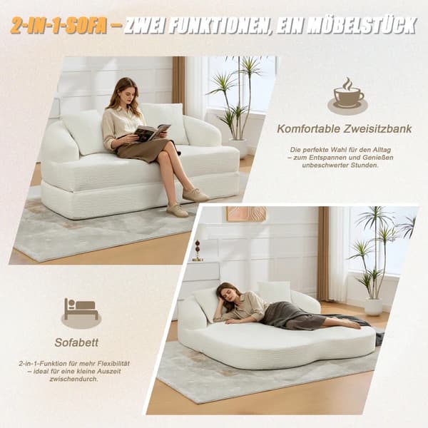 2-i-1 Chenillesoffa - 2-sits bäddsoffa - Utfällbar - 2 Kuddar - Multifunktionell - Beige