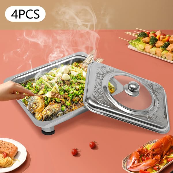 Chafing Dish Bufféset - Rektangulär Serveringsvärmare - 4-pack - Med Lock - Rostfritt Stål - För Buffé & Catering - Silver