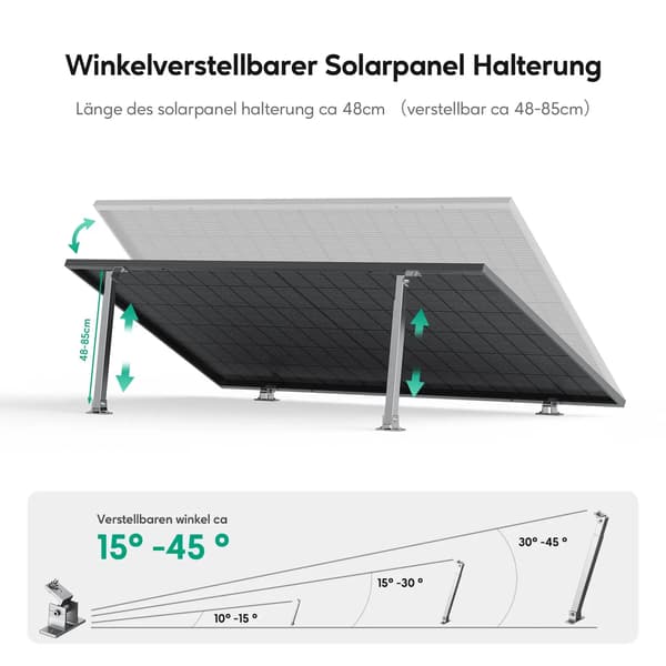 Solpanel stativ - Justerbart beslag - 2 paneler - Altan og fladt tag - Hældning 15–30° - Universal montering til solcellemoduler