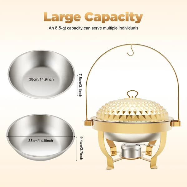 Buffetvarmer - Rund chafing dish 8 L - Rustfrit stål - Hængende låg - Buffetservering - Guld