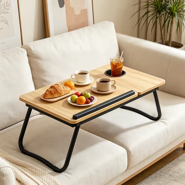 Laptopbord - Foldbart lap desk - Vippebart - Justerbart - Kopholder - Til seng og sofa - Valnød
