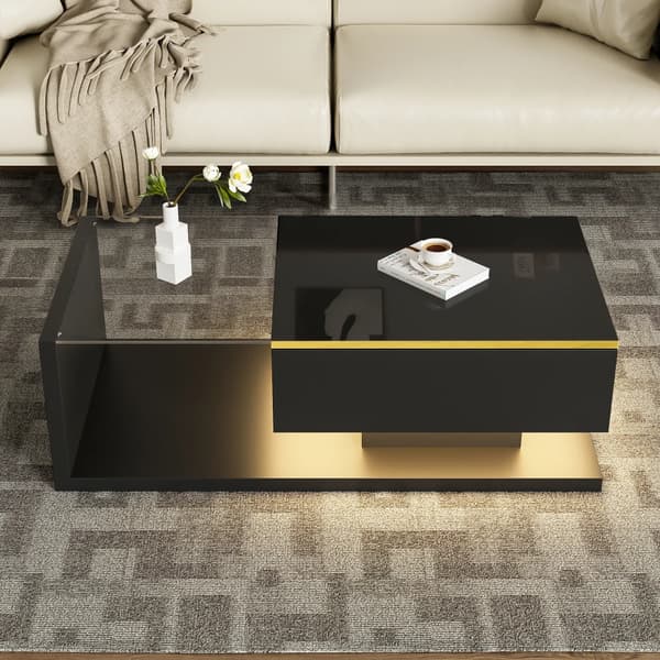 Sofabord - Sidebord - 100 cm - Højglans - Glasplade - LED-lyseffekt - Træstel - Sort + spånplade