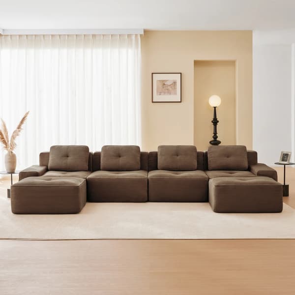 Modulsoffa - U-formad 4-sitssoffa - Manchestertyg - Vadderad - Halkfri - Brun
