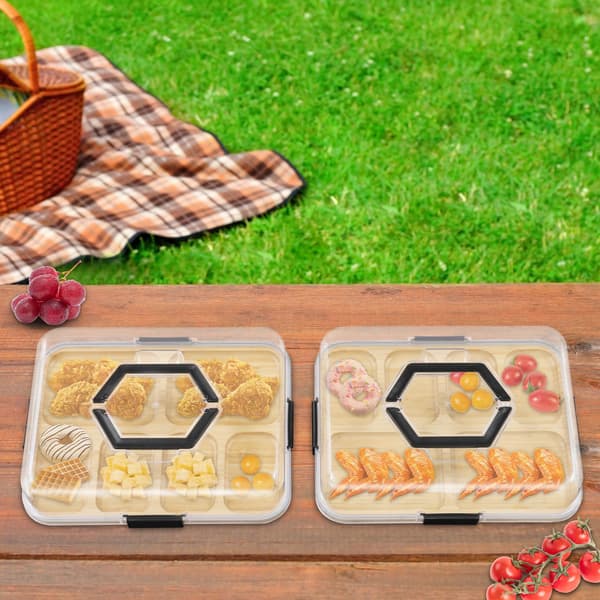 Charkbricka serveringsbricka 2-pack - Rektangulär bricka - 6 fack - Klart lock - Bambu - Naturfärg