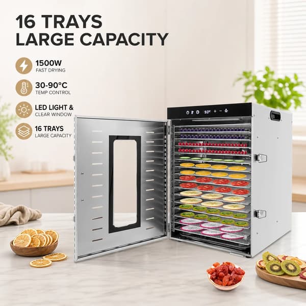 Fødevaredehydrator - Madtørrer SS-16H - 1350 W - 16 Bakker - Rustfrit Stål - 30–90 °C - 24 Timers Timer - Digital Touchskærm