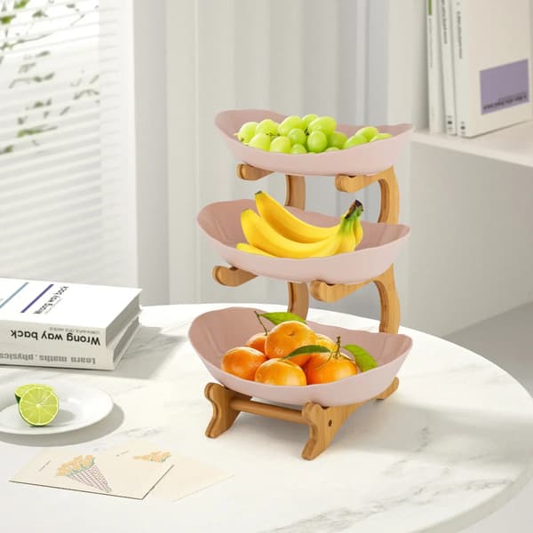 Fruktskålar - 3-vånings bambustativ - Oval design - 22,5 x 14 x 32 cm - Beige