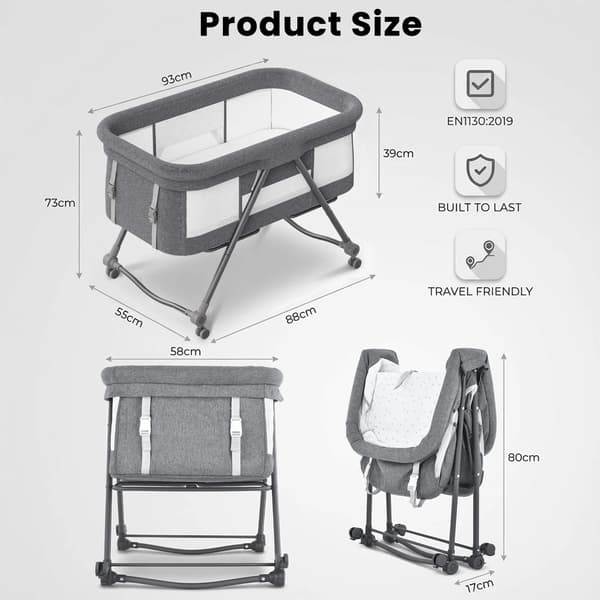 Babyresesäng - Spjälsäng - Fällbar Design - 0–12 Månader - Tygklädd - Basic - Grå