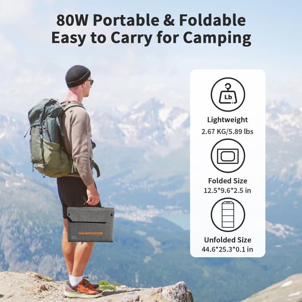 Bærbart solpanel - Foldbart 80W solcellepanel - 8 paneler - USB-C & 2x USB-A - DC-udgang - Vandtæt ETFE - Til udendørs camping