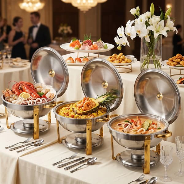 Buffetvarmer - Rund Chafing Dish Sæt - 4 x 4,5 l - Rustfrit Stål - Med Serveringstang - Guld