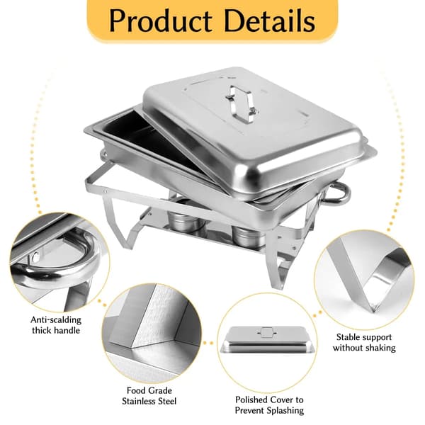Buffetvarmer - Chafing dish - Rektangulær, rustfrit stål, med indsatsbakker, catering/servering, 1 stk - Sølv