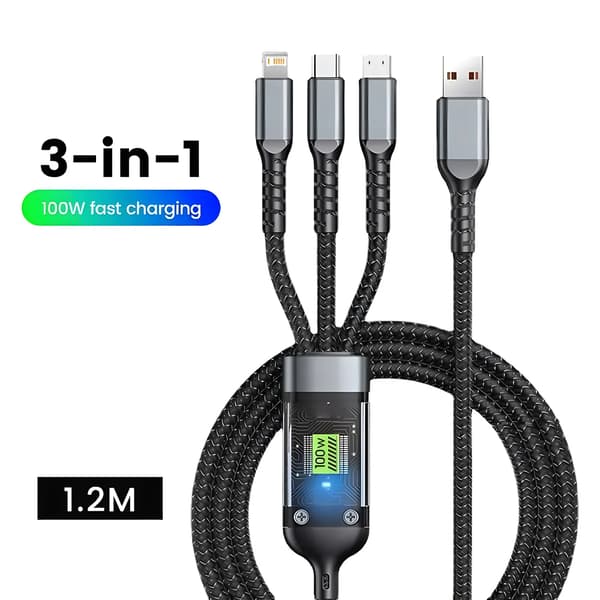 USB opladerkabel - USB A til Micro USB - Hurtig opladning 100 W 6A - Data- og synkkabel 1,2 m - Sort