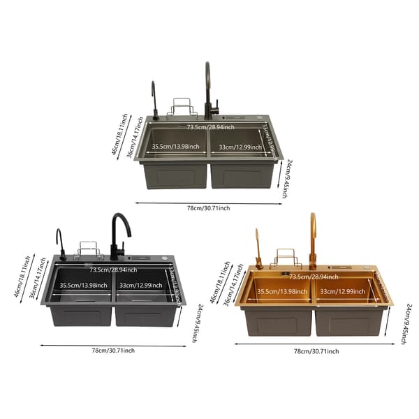 Køkkenvask rustfrit stål - Dobbelt vask 78x46 cm - 304 stål - Med armatur - Rektangulær - Grå