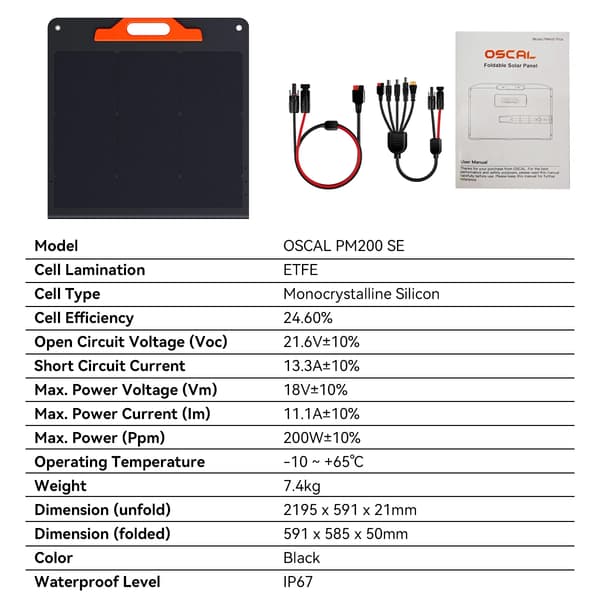 Foldbart solpanel - PM200SE - 200 W - Fleksibelt - 18 V - IP67 - ETFE-belægning - MC4-kabel