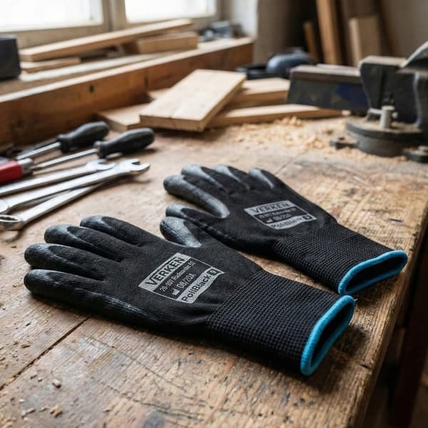 Arbejdshandsker - PU-belægning - Polyester - Strikkede - Præcisionsgreb - 12 par - Sorte, størrelse M
