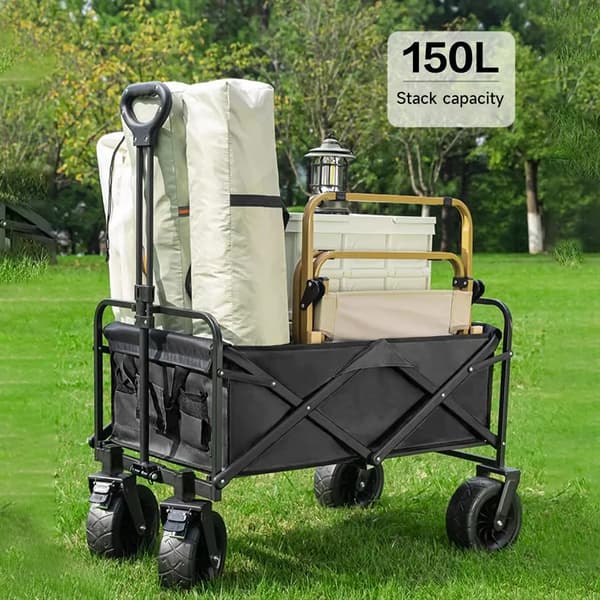 Robust sammenklappelig vogn - Camping- og strandvogn - Høj bæreevne - Foldbart design - Med solskærm - Sort