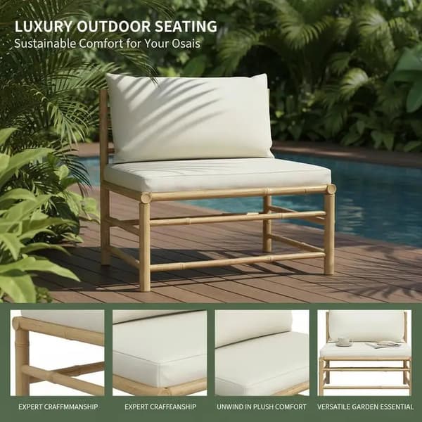 Trädgårdssoffa - Mittmodul lounge - Bambu - För utomhusbruk - Dynor 65x70x60 cm - Vit kräm