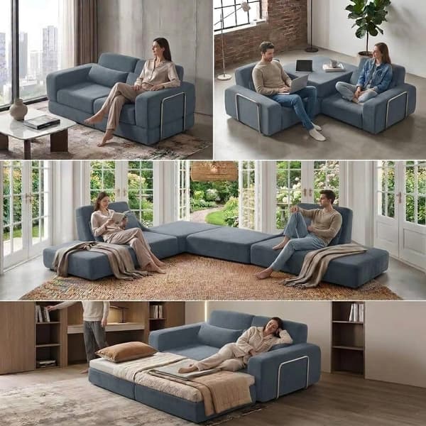 Fällbar bäddsoffa - Modulär L-formad design - 4-i-1 - 1,8 m - Kuddrygg - Mörkblå