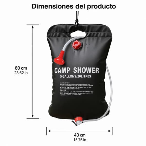 Bærbar solbruser - Campingbruser - 20 l - Sammenfoldelig - PVC - Brusehoved med slange - Sort