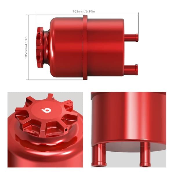 Servostyringsvæskebeholder - BMW E30/E36/E39/E46/E60/E81–E93, MINI R50–R53 - Billet-aluminium - Frontmontering - Erstatter 32416851217 - Rød