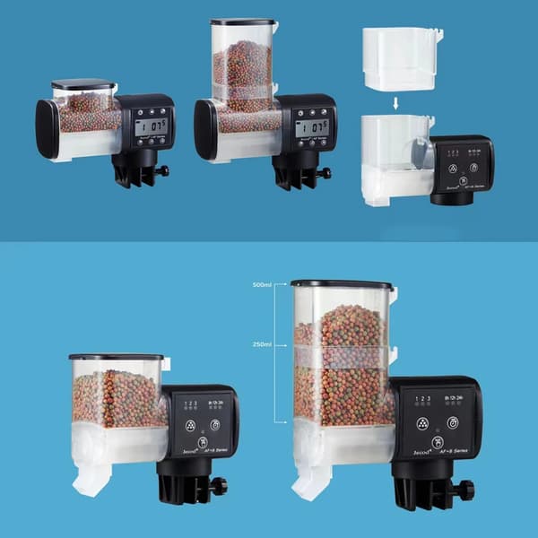 Automatisk fiskfoderautomat - AF500B - 500 ml kapacitet - LCD-display - Programmerbar timer - Justerbar portion 50–100 g - För akvarium