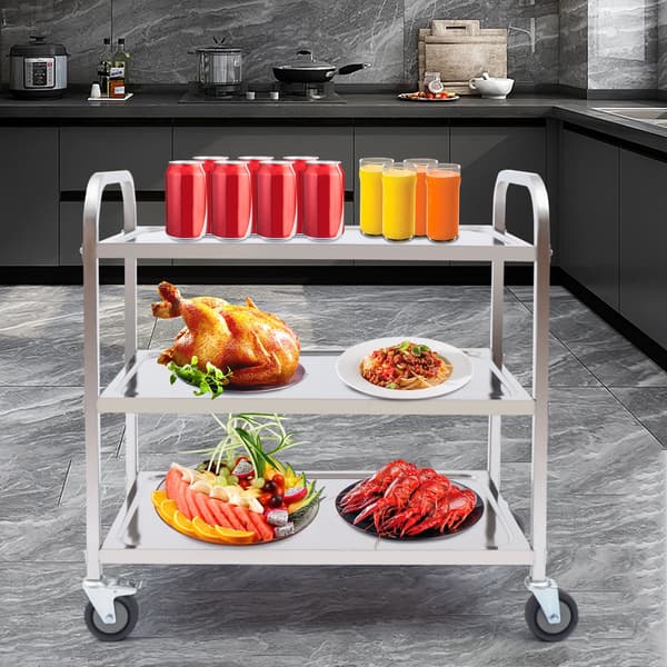 Serveringsvagn & Köksvagn - 3 hyllplan - Rostfritt stål - Hjul med broms - Rektangulär - Montering krävs - Silver